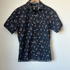 Navy Flamingo Print Casual Button Down Shirt S/P 14-14.5